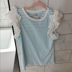 crown & ivy Blue and White Striped Kids Tee with Ruffle Sleeves